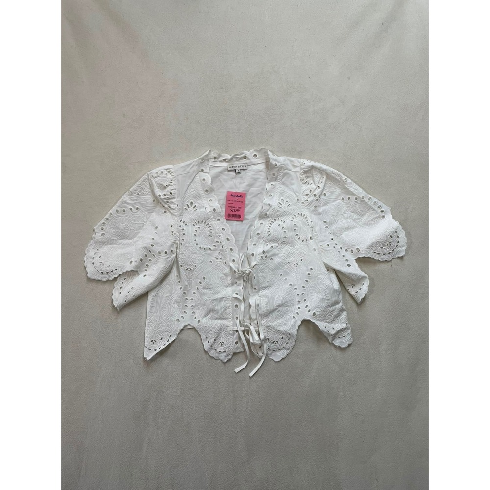 Moon River White Eyelet Lace Tie Front Cropped Blouse Puff Sleeve Top Small NEW
